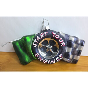 NASCAR BLOWN GLASS START YOUR ENGINES RACE CAR FLAG TIRE RACING ORNAMENT